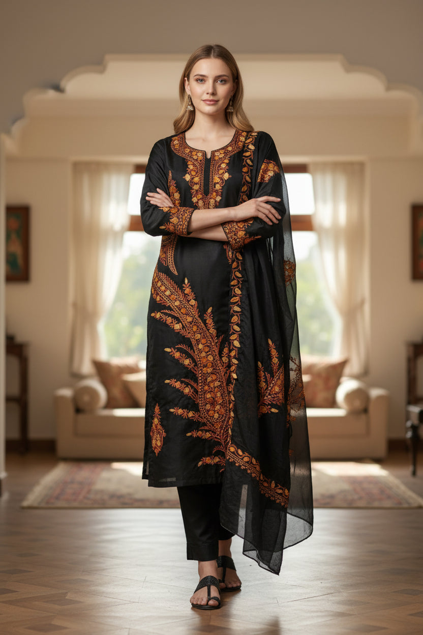 Women Cotton Suits with Kashmiri Embroidery Three Piece Suit -Black