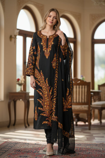 Women Cotton Suits with Kashmiri Embroidery Three Piece Suit -Black
