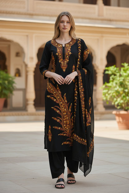 Women Cotton Suits with Kashmiri Embroidery Three Piece Suit -Black
