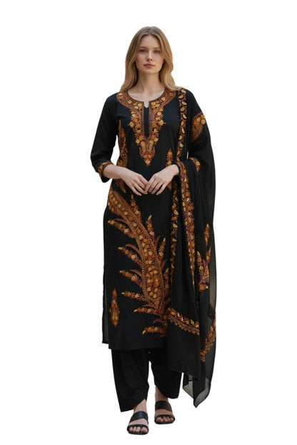 Women Cotton Suits with Kashmiri Embroidery Three Piece Suit -Black