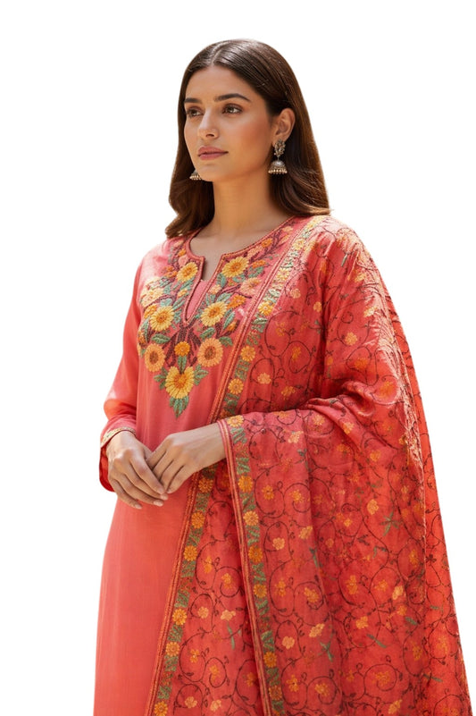 Women Cotton Suits with Kashmiri Embroidery Three Piece Suit  (Light Orange)