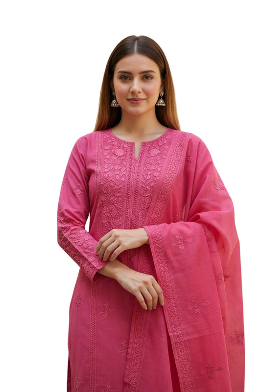 Women Cotton Suits with Kashmiri Embroidery Three Piece Suit  (Pink)