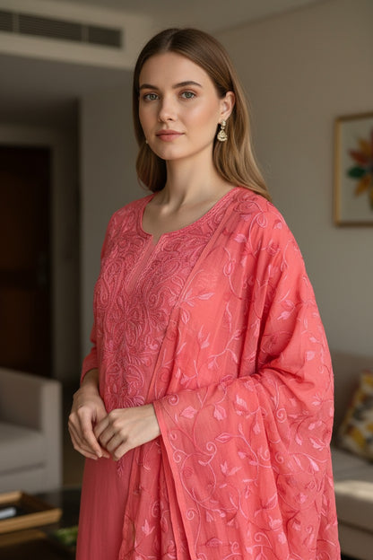 Women Cotton Suits with Kashmiri Embroidery Three Piece Suit  (Pink)