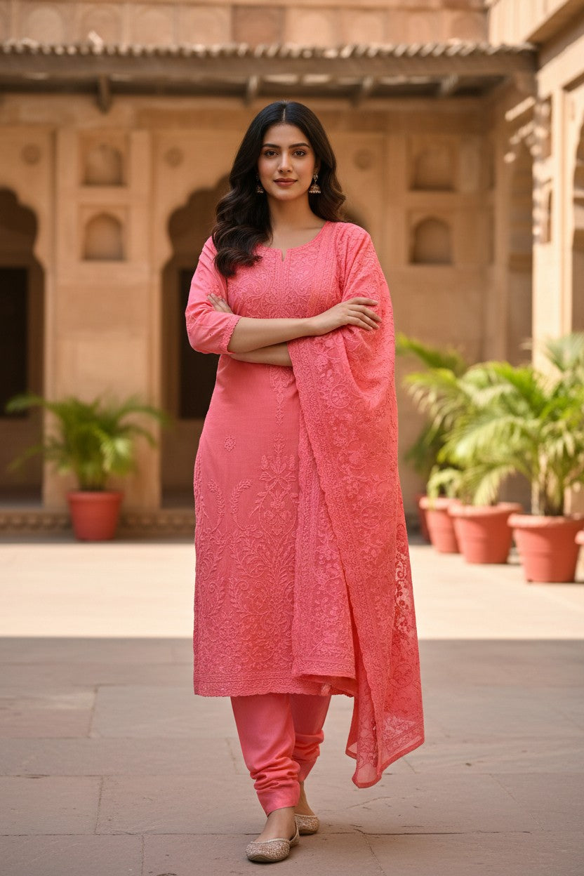 Women Cotton Suits with Kashmiri Embroidery Three Piece Suit  (Pink)