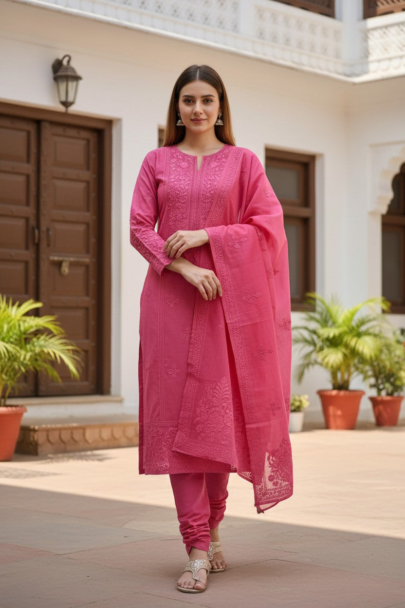 Women Cotton Suits with Kashmiri Embroidery Three Piece Suit  (Pink)
