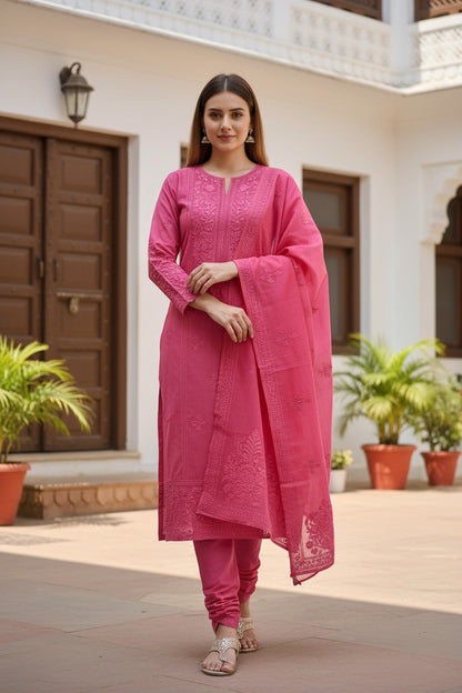 Women Cotton Suits with Kashmiri Embroidery Three Piece Suit  (Pink)