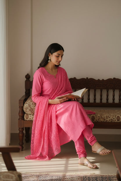 Women Cotton Suits with Kashmiri Embroidery Three Piece Suit  (Pink)