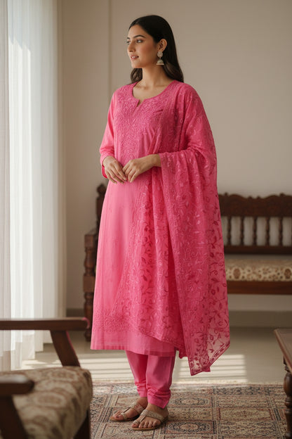 Women Cotton Suits with Kashmiri Embroidery Three Piece Suit  (Pink)