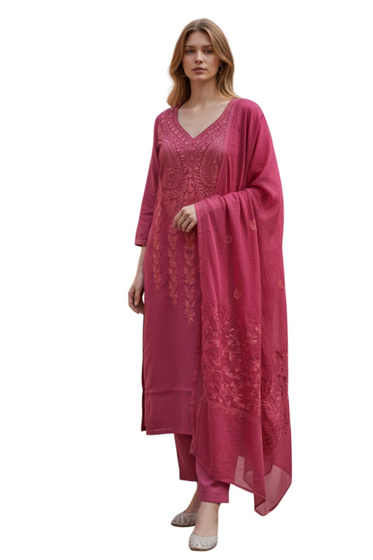 Women Cotton Suits with Kashmiri Embroidery Three Piece Suit - Pink