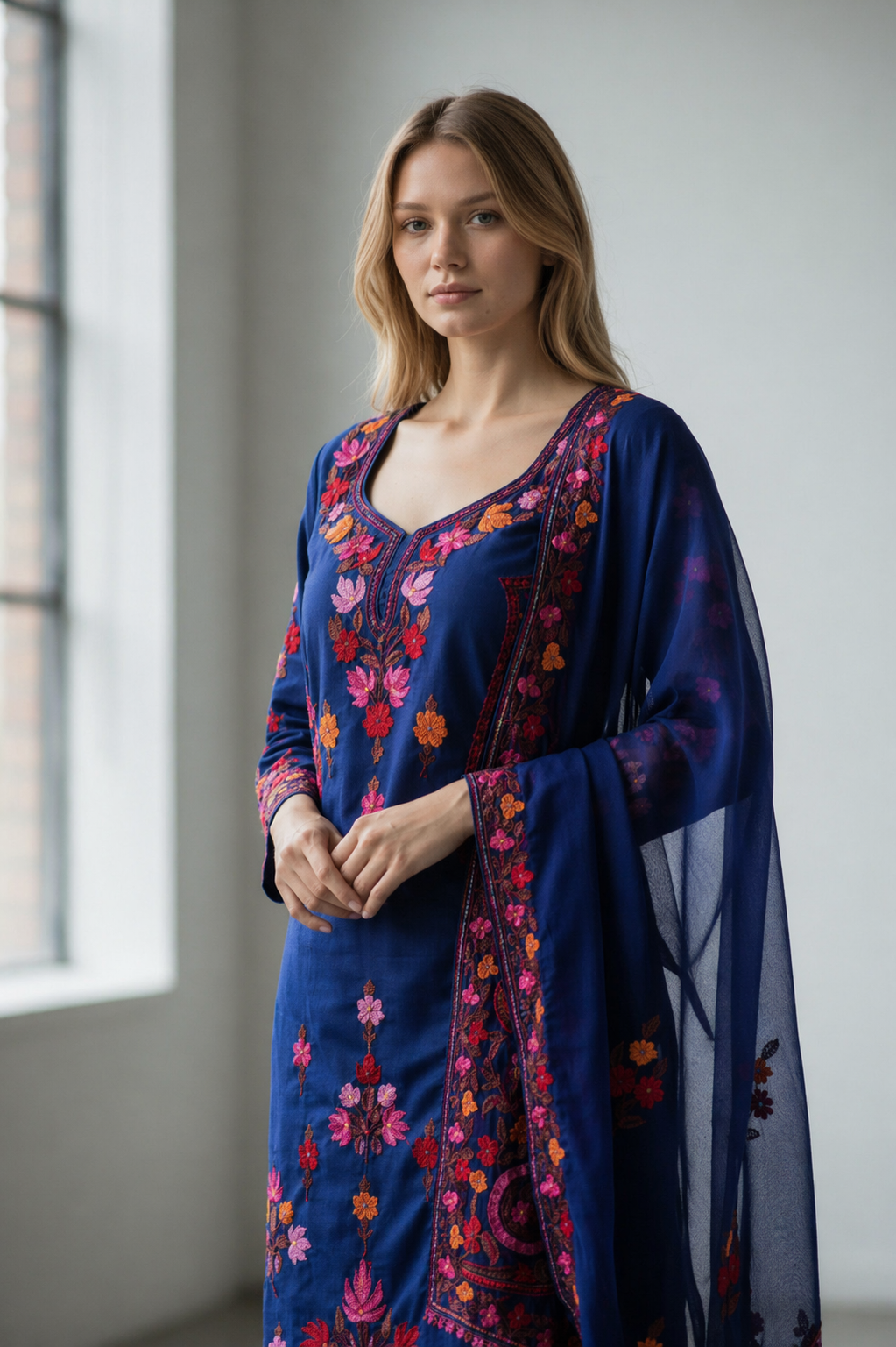 Women Cotton Suits with Kashmiri Embroidery Three Piece Suit - Blue