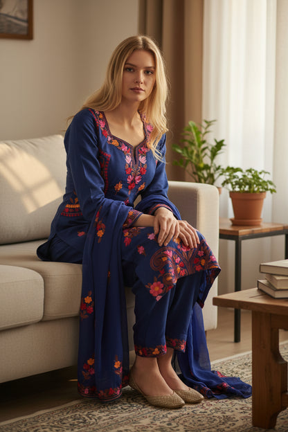 Women Cotton Suits with Kashmiri Embroidery Three Piece Suit - Blue