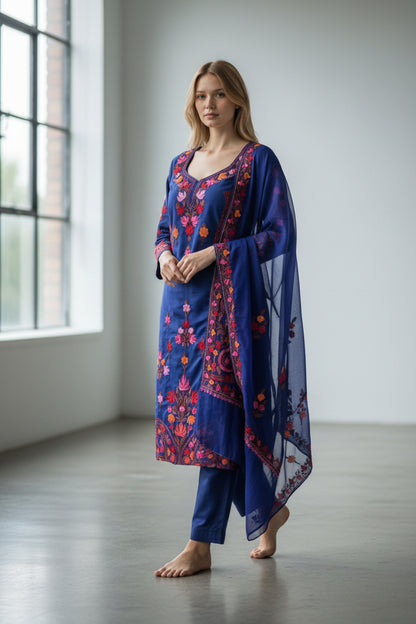 Women Cotton Suits with Kashmiri Embroidery Three Piece Suit - Blue