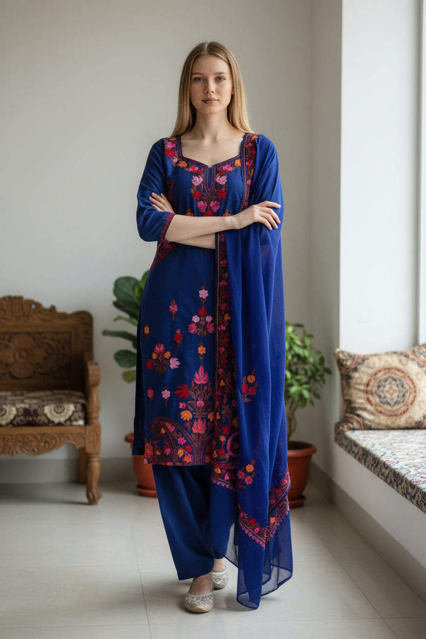 Women Cotton Suits with Kashmiri Embroidery Three Piece Suit - Blue