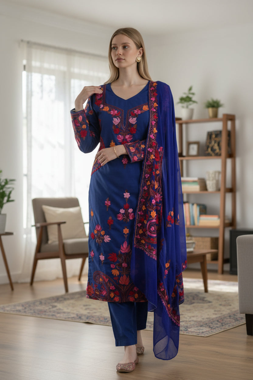 Women Cotton Suits with Kashmiri Embroidery Three Piece Suit - Blue