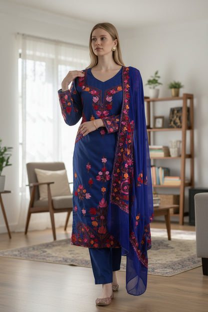 Women Cotton Suits with Kashmiri Embroidery Three Piece Suit - Blue