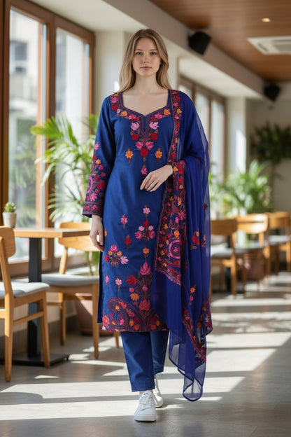 Women Cotton Suits with Kashmiri Embroidery Three Piece Suit - Blue