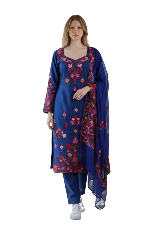 Women Cotton Suits with Kashmiri Embroidery Three Piece Suit - Blue