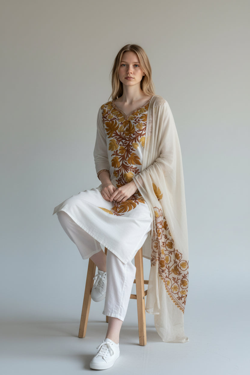 Women Cotton Suits with Kashmiri Embroidery Three Piece Suit - White