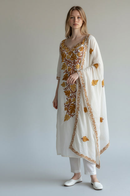 Women Cotton Suits with Kashmiri Embroidery Three Piece Suit - White