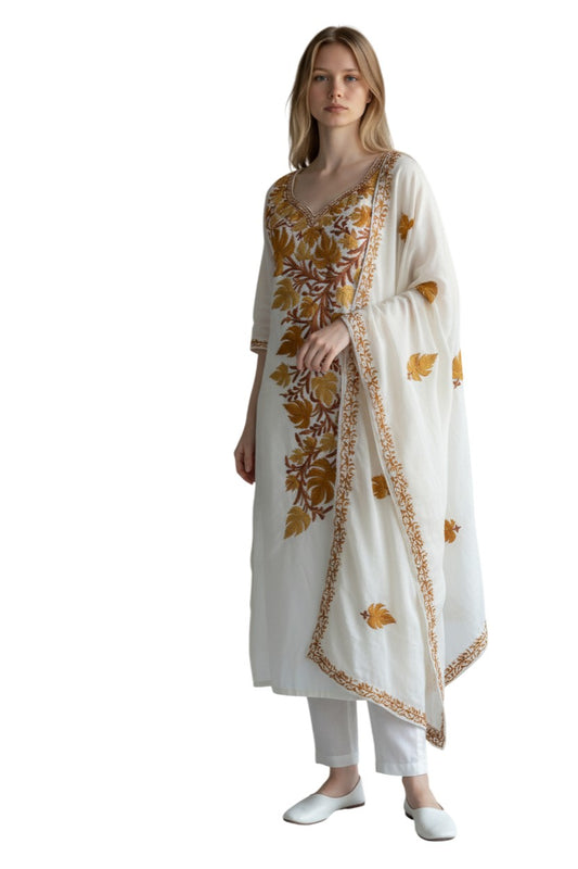 Women Cotton Suits with Kashmiri Embroidery Three Piece Suit - White