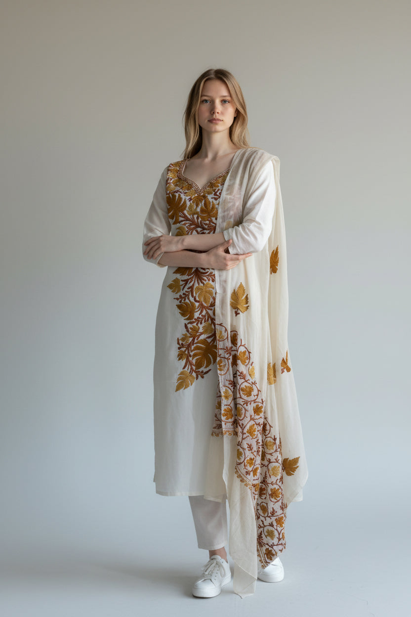 Women Cotton Suits with Kashmiri Embroidery Three Piece Suit - White