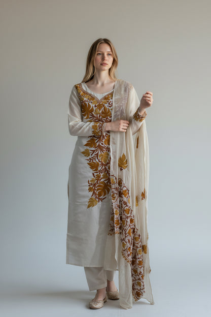Women Cotton Suits with Kashmiri Embroidery Three Piece Suit - White