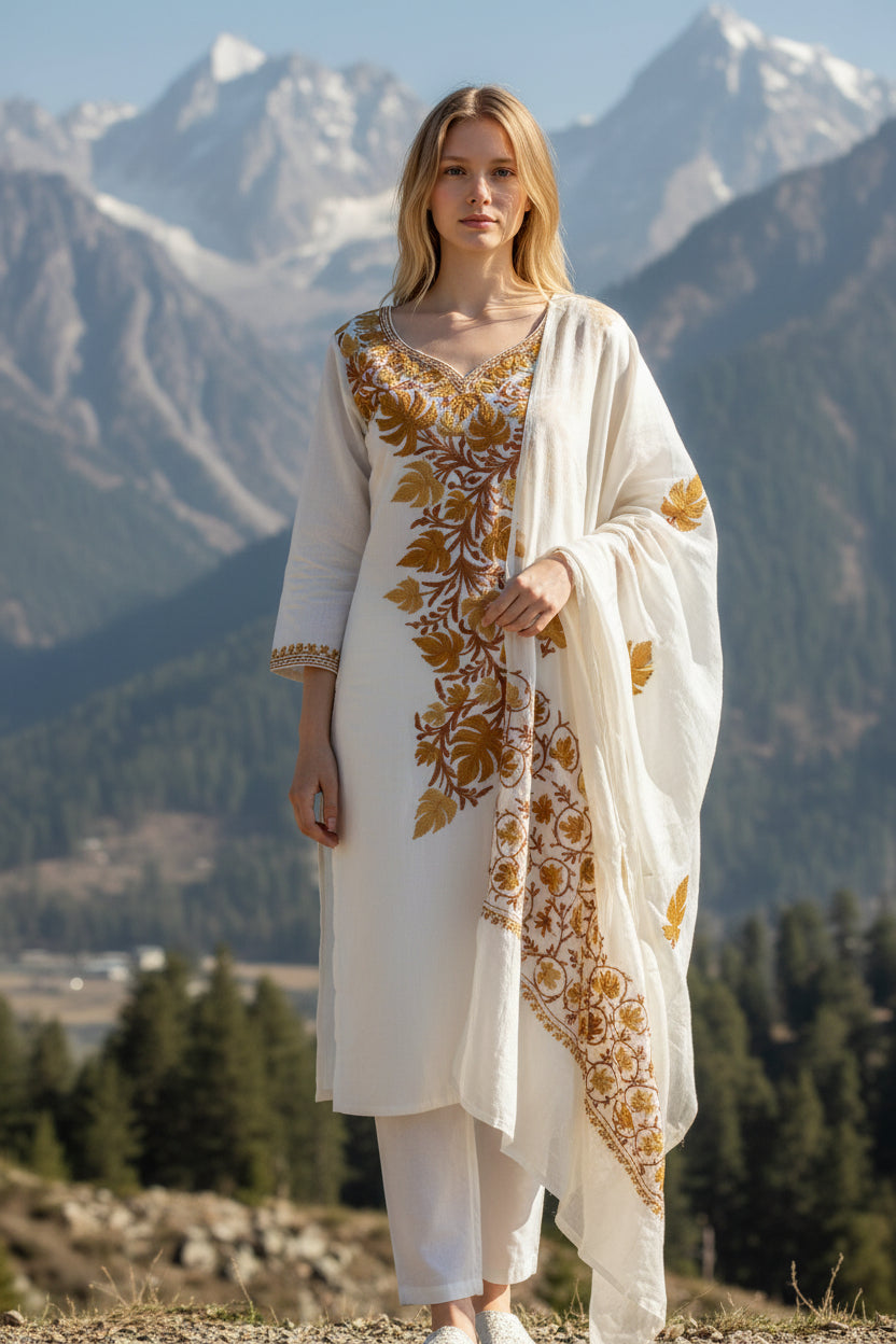 Women Cotton Suits with Kashmiri Embroidery Three Piece Suit - White