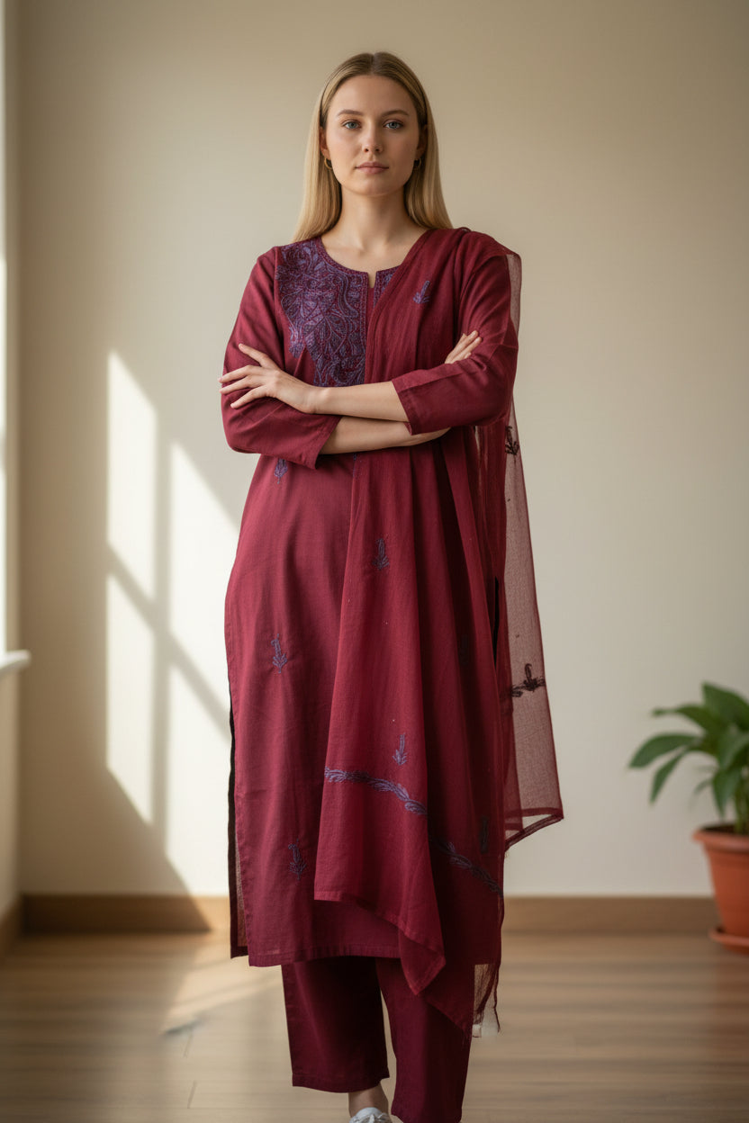 Women Cotton Suits with Kashmiri Embroidery Salwar Suits - Maroon