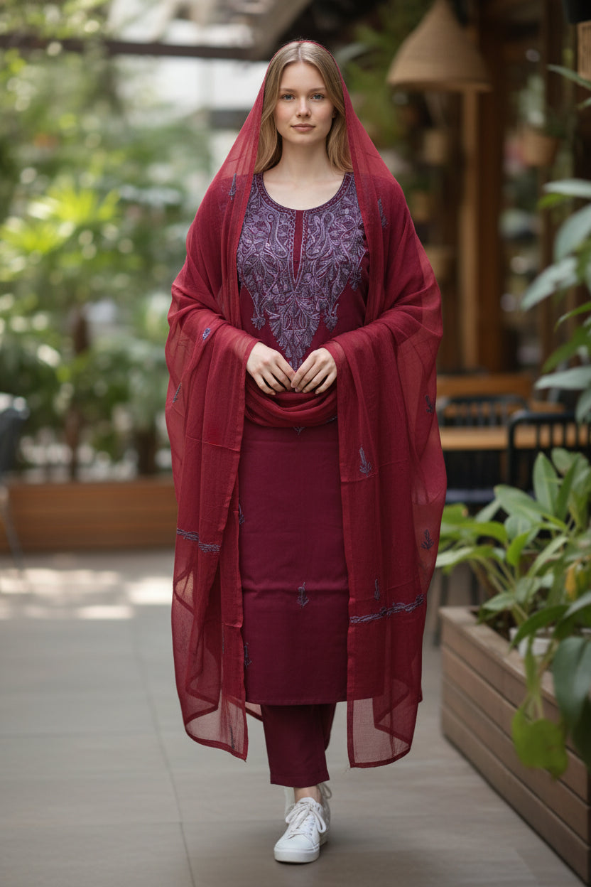 Women Cotton Suits with Kashmiri Embroidery Salwar Suits - Maroon