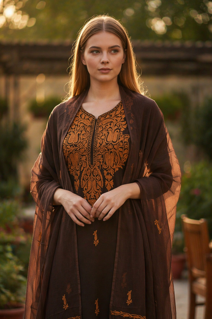 Women Cotton Suits with Kashmiri Embroidery Salwar Suits - Chocolate