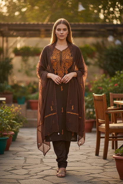 Women Cotton Suits with Kashmiri Embroidery Salwar Suits - Chocolate