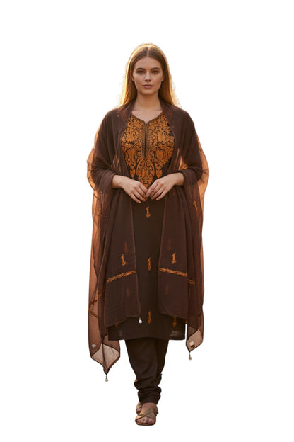 Women Cotton Suits with Kashmiri Embroidery Salwar Suits - Chocolate
