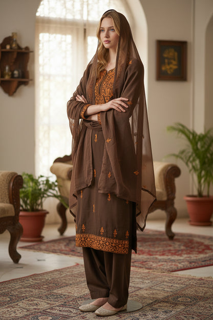 Women Cotton Suits with Kashmiri Embroidery Salwar Suits - Chocolate