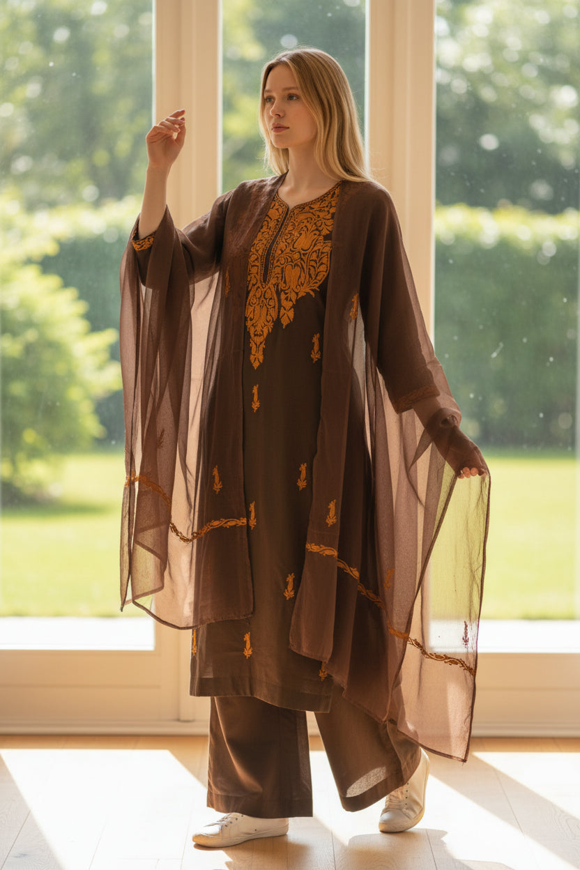 Women Cotton Suits with Kashmiri Embroidery Salwar Suits - Chocolate