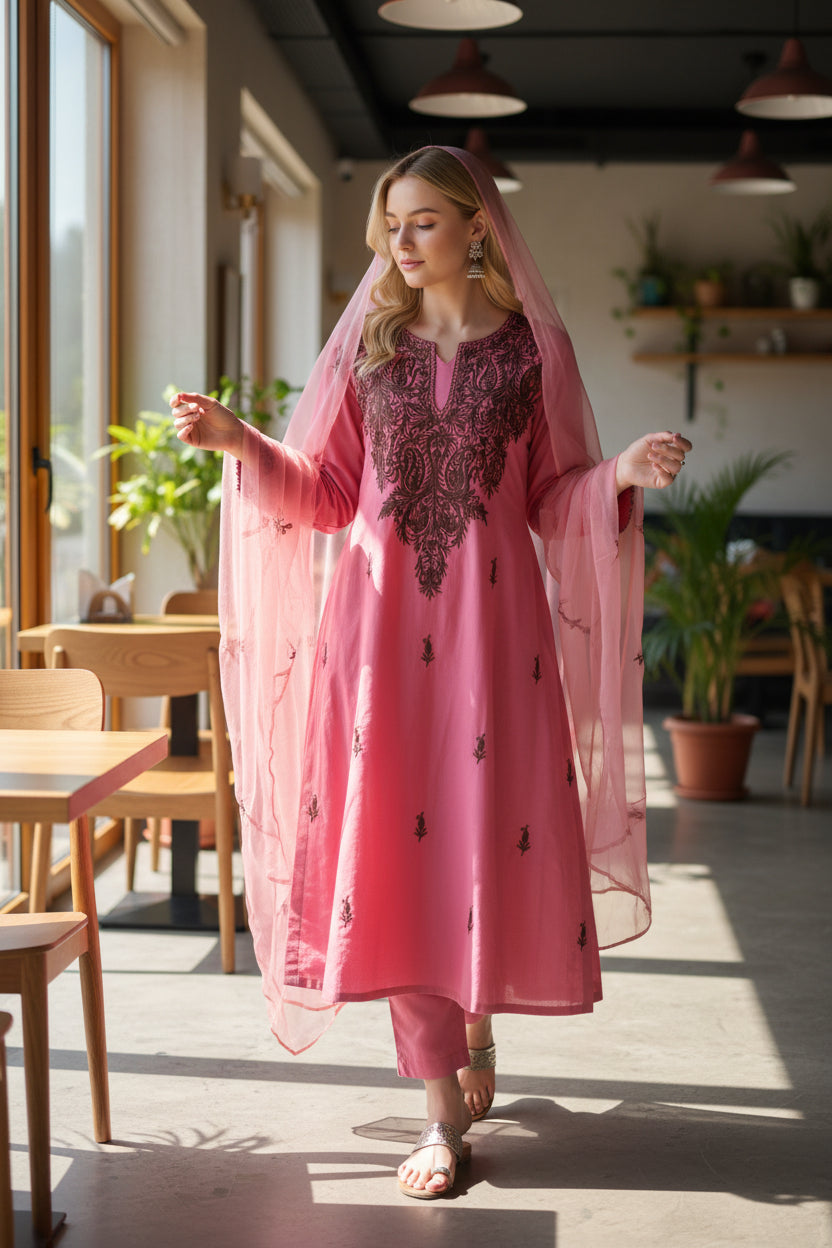 Women Cotton Suits with Kashmiri Embroidery Salwar Suits - Pink