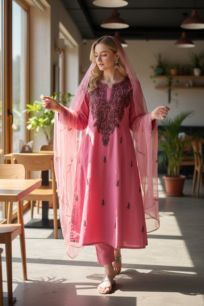 Women Cotton Suits with Kashmiri Embroidery Salwar Suits - Pink