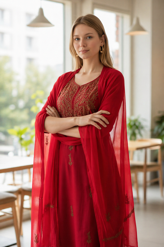 Women Cotton Suits with Kashmiri Embroidery Salwar Suits - Red