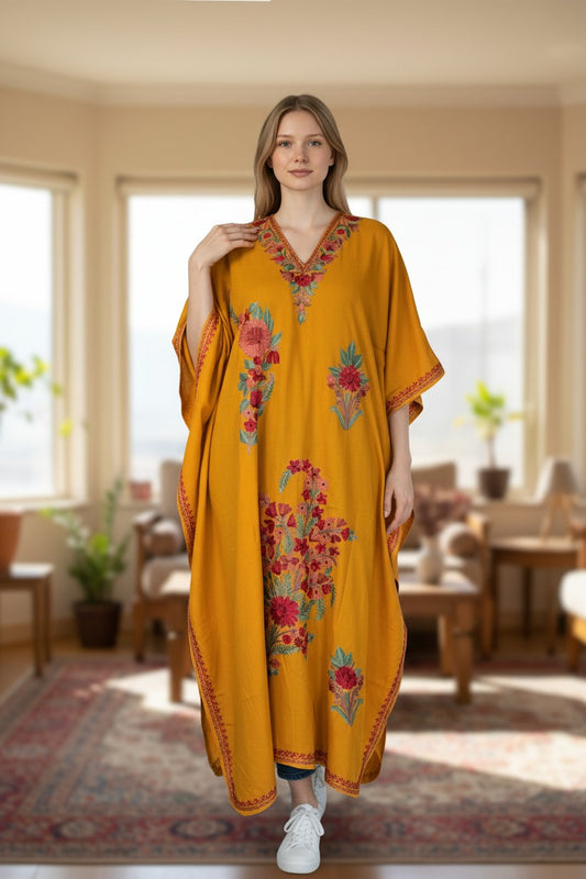 Cotton Kaftan with Kashmiri Aari Embroidery – Hand Embroidered Kashmiri Kaftan Dress for Women - Mustard