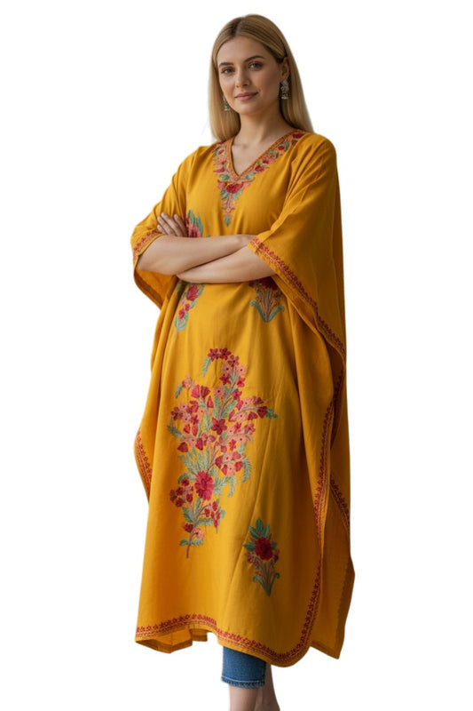 Cotton Kaftan with Kashmiri Aari Embroidery – Hand Embroidered Kashmiri Kaftan Dress for Women - Mustard