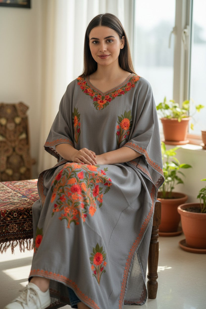 Cotton Kaftan with Kashmiri Aari Embroidery – Hand Embroidered Kashmiri Kaftan Dress for Women - Light Blue