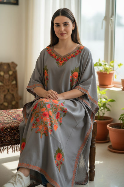 Cotton Kaftan with Kashmiri Aari Embroidery – Hand Embroidered Kashmiri Kaftan Dress for Women - Light Blue