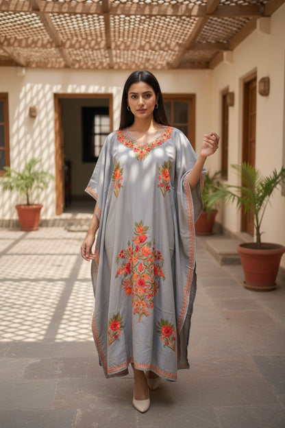 Cotton Kaftan with Kashmiri Aari Embroidery – Hand Embroidered Kashmiri Kaftan Dress for Women - Light Blue