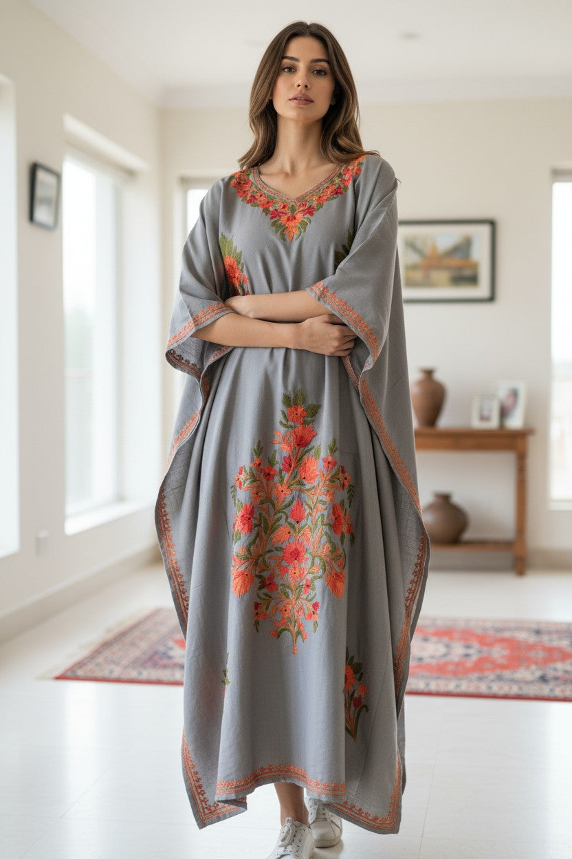 Cotton Kaftan with Kashmiri Aari Embroidery – Hand Embroidered Kashmiri Kaftan Dress for Women - Light Blue