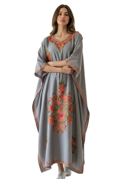 Cotton Kaftan with Kashmiri Aari Embroidery – Hand Embroidered Kashmiri Kaftan Dress for Women - Light Blue