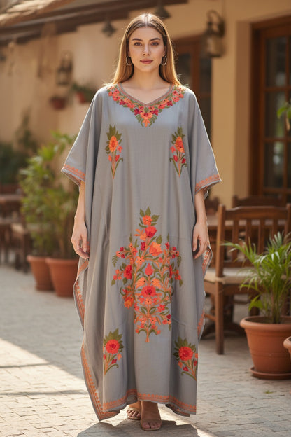 Cotton Kaftan with Kashmiri Aari Embroidery – Hand Embroidered Kashmiri Kaftan Dress for Women - Light Blue