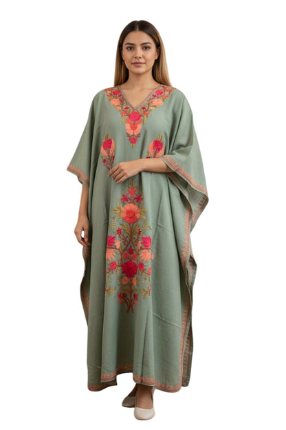 Cotton Kaftan with Kashmiri Aari Embroidery – Hand Embroidered Kashmiri Kaftan Dress for Women - Light Blue - Sea Green