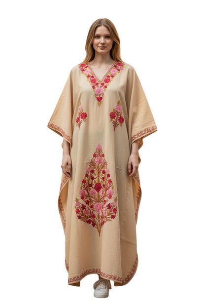 Cotton Kaftan with Kashmiri Aari Embroidery – Hand Embroidered Kashmiri Kaftan Dress for Women