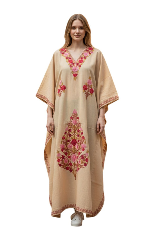 Cotton Kaftan with Kashmiri Aari Embroidery – Hand Embroidered Kashmiri Kaftan Dress for Women