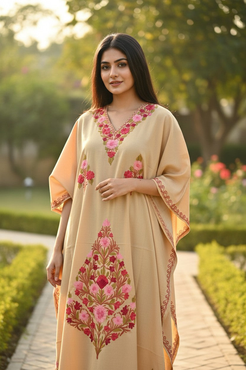 Cotton Kaftan with Kashmiri Aari Embroidery – Hand Embroidered Kashmiri Kaftan Dress for Women