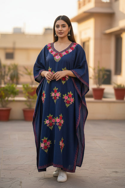 Women Cotton Kaftan | Kashmiri Aari Embroidery Ethnic Kaftan Dress | Soft Breathable Loose Fit Summer Kaftan Kurti - Blue